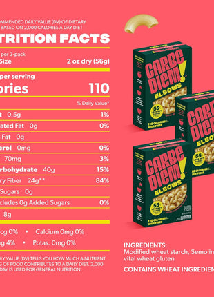 Carbe Diem!, Elbows, Lower Net Carb Pasta with Traditional Flavor & Texture, 8 grams of Protein, 55% Fewer Net Carbs & Only 110 Calories Per Serving, Pack of 3