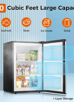 Kismile Small Freezer Upright, 3.0 Cu.ft Mini Freezer, Stainless Steel | Adjustable Thermostat, Removable Shelves, Reversible Single Door, for Bedroom/Home/Dorms/Apartment