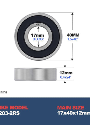 XiKe (10 Pack) 6203-2RS Double Sealed Deep Groove Ball Bearings, 17x40x12mm, Pre-Lubricated for High RPM, Chrome Steel P6, ABEC 3