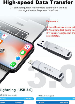 MFi Certified 256GB Flash Drive for iPhone Photo Stick, USB Memory Stick High Speed iPhone Flash Drive, External Memory Storage USB Stick Thumb Drive for iPhone/iPad/Android/PC (Metallic Silver)