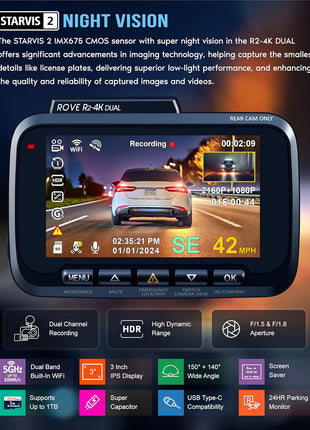 ROVE R2-4K DUAL Dash Cam Front and Rear, STARVIS 2 Sensor, FREE 128GB Card Included, 5G WiFi - up to 20MB/s Fastest Download Speed with App, 4K 2160P/FHD Dash Camera for Cars, 3" IPS, 24H Parking Mode