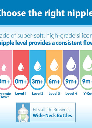 Dr. Brown's Natural Flow® Level 2 Wide-Neck Baby Bottle Silicone Nipple, Medium Flow, 3m+, 100% Silicone Bottle Nipple, 6 Pack