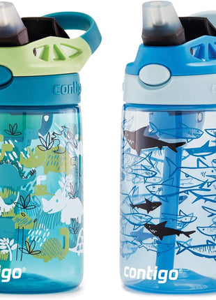 Contigo Aubrey Kids Water Bottle, 2-Pack, 14oz, Dinos & Sharks, Spill-Proof Lid, Dishwasher Safe, Blue & Green