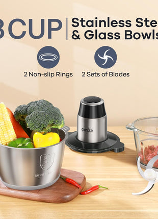 Ganiza Food Processors with 2 Bowls, 450W Meat Grinder Vegetable Chopper | 2-Speed Electric Food Chopper with 8 Cup Glass & 8 Cup Stainless Steel Bowls -Includes 2 Sets of Blades for Fruits/Meat/Nuts