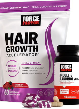 Force Factor Hair Growth Accelerator Soft Chews, Hair Growth Vitamins for Women and Men with Clinically Studied Lustriva and Biotin, Promotes Thicker, Fuller, Stronger Hair + Indole 3 Carbinol 200mg