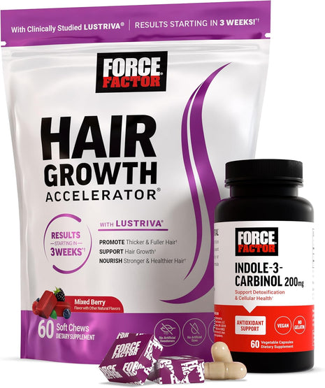 Force Factor Hair Growth Accelerator Soft Chews, Hair Growth Vitamins for Women and Men with Clinically Studied Lustriva and Biotin, Promotes Thicker, Fuller, Stronger Hair + Indole 3 Carbinol 200mg