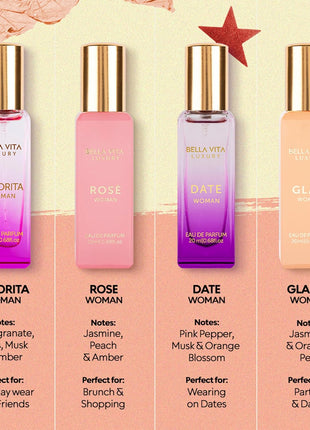 Bellavita Luxury Women's Perfume Gift Set with Rose, Senorita, Date, Glam | Long-lasting women's perfume gift set with Rose, Senorita, Date & Glam Eau de Parfum for every occasion.