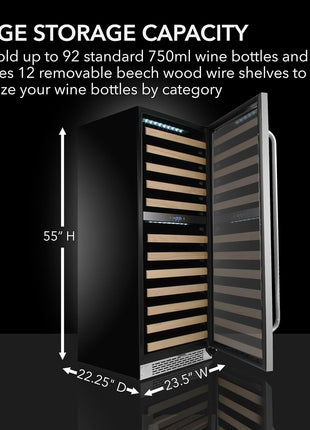 Whynter BWR-0922DZ 92 Built-in or Freestanding Stainless Steel Dual Zone Compressor Large Capacity Wine Refrigerator Rack for Open Bottles and LED Display, Dark Grey