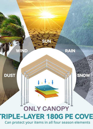 10'x20' Upgraded Carport Replacement Top Canopy Cover for Car Garage Shelter Tent Party Tent with Ball Bungees Beige (Only Top Cover, Frame is not Included)