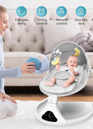 Electric Baby Swing with Remote Control,5 Speeds&Portable&Cozy(0-12M,Grey) | Safety lock&secure harness,12 melodies&Bluetooth,8/15/30min timer,lightweight indoor/outdoor,soft washable seat,easy assembly