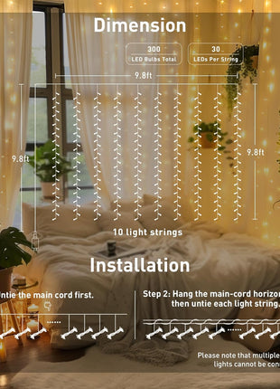 JMExSUSS 300 LED Remote Control Christmas Curtain Lights, Plug in Fairy Curtain Lights Outdoor, Window Wall Hanging String Lights for Bedroom Backdrop Wedding Party Indoor Patio xmas Decor, Warm White