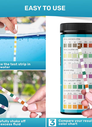 JNW 7-in-1 Pool Test Strips, 100 Quick & Accurate Test Strips for Pool Water, Spa Test Strips for Hot Tub, Chlorine Test Strips, Bromine, pH, Alkalinity, Hardness & More - Swimming Pool Test Kit