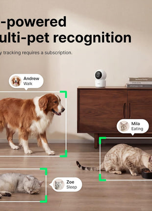 AI Pet Camera Indoor, Multi-Pet Recognition for Up to 6 Pets, 2K 3MP Dog & Cat Camera with 360° Auto Tracking, AI Daily Summaries, Night Vision, 2-Way Audio, 2.4/5GHz WiFi
