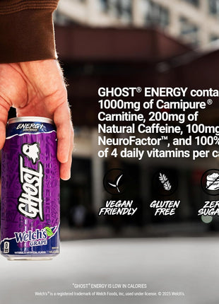 GHOST Energy Drink, Zero Sugars, 12-Pack, Welch's Grape, 16oz | Energy & Focus Pre Workout Drink, No Artificial Colors, Gluten-Free, Vegan - 200MG Natural Caffeine, L-Carnitine, Taurine