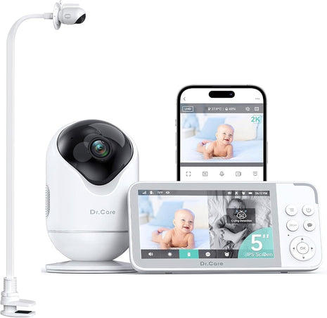 Dr.Care VistaView 5inch Smart WiFi Baby Monitor with Clip Mount - 2K HD Camera, App Control, Cry & Motion Alerts, Night Vision, 5000mAh Battery, 2-Way Talk, Multi-User, Triple Security