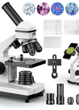 PalliPartners Compound Microscope for Adults & Students, White | 100X-2000X High-Power, Biological Microscope, School Lab & Home Education, with Slides Set & Phone Adapter