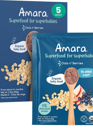 Amara Organic Baby Food - Stage 2 - Oats & Berries - Baby Cereal to Mix With Breastmilk & Water - Shelf Stable Baby Food Pouches Made from Organic Fruit and Veggies - 5 Pouches, 3.5oz Per Serving