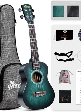 WINZZ HAND RUBBED Series - 21 Inches Soprano Ukulele Vintage Hawaiian Uke with Online Lessons, Bag, Tuner, Strap, Extra Strings, Fingerboard Sticker, Black