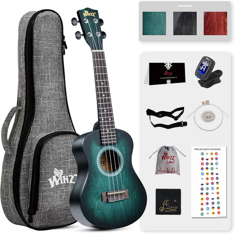 WINZZ HAND RUBBED Series - 21 Inches Soprano Ukulele Vintage Hawaiian Uke with Online Lessons, Bag, Tuner, Strap, Extra Strings, Fingerboard Sticker, Black