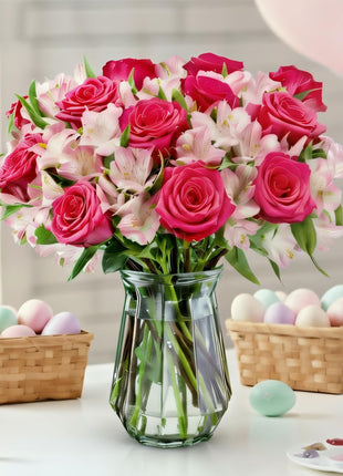 Benchmark Bouquets - Charming Roses & Alstroemeria (Glass Vase Included) - Fresh Flowers for Delivery - Gift for Graduation, Birthday, Anniversary, Sympathy, Get Well, Congratulations
