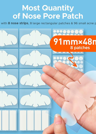TKTK Hydrocolloid Nose Patches, XL Nose Pore Strips 91 x 48 mm, Large Hydrocolloid Acne Pimple Patches for Face, Cover Zit Blemishes & Absorb Oil (Nose Contoured, Strip, Dots 5 Sizes 112 Count)