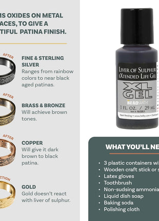 The Beadsmith XL Gel, Liver of Sulfur Extended Life Gel, 1 Fluid Ounce (29ml) Bottle, Apply a Patina Finish to Silver, Copper, and Other Metal for Oxidized Look on Art and Jewelry Projects