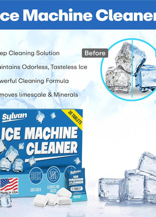 Sylvan Ice Machine Cleaner and Descaler Tablets | 30 Tabs | Made in USA | Nickel Safe Ice Maker Cleaning and Descaling Tablets | Universal Compatibility for Commercial & Residential Ice Makers