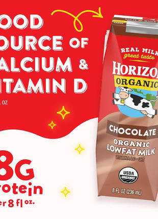 Horizon Organic Shelf Stable 1% Lowfat Chocolate Milk Boxes, 8 fl oz, 18 Count - 8g Protein per Serving, USDA Organic, Ready to Drink for Lunchbox, Travel, or On-the-Go, No Refrigeration Needed
