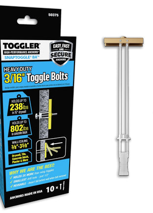 TOGGLER SNAPTOGGLE BA Toggle Anchor with Bolts, Zinc-Plated Steel Channel, Made in US, 3/8" to 3-5/8" Grip Range, For 3/16"-24 UNC Fastener Size (Pack of 10)