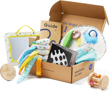 Tiny Land Montessori Baby Toy Set 0-3 Months 5 in 1 Sensory Kit | Mirror, black and white cards, rolling bell, play mat, bed wrap, tummy time, visual and auditory play, newborn gift