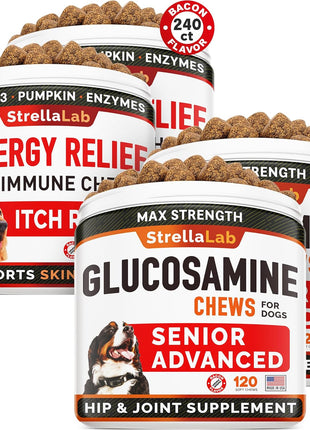 Allergy Relief + Senior Advanced Glucosamine for Dogs Bundle - Itchy Skin + Hip & Joint Pain Relief - Omega 3 & Pumpkin + Chondroitin, MSM - Allergy Supplement, Hotspot Relief - 480ct - Made in USA