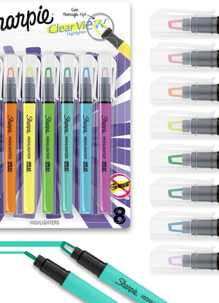Sharpie Clear View Highlighter Sticks, Chisel Tip, Assorted Fluorescent, 8 Count - School, Home, and Office Use, Teacher Supplies