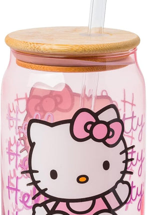 Silver Buffalo Sanrio Hello Kitty Waving Pink Glass Jar Tumbler with Bamboo Lid and Glass Straw, 16 Ounces