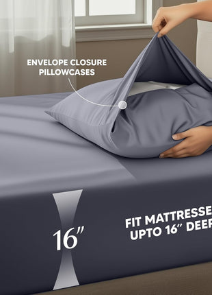 Queen Sheets Set, 4 Pieces 16" Deep Pocket Hotel Luxury Bed Sheets, Grey | Extra Soft Bedsheet Set, Comfy & Breathable Cooling Sheets, Wrinkle & Fade Resistant, Fitted Sheet, Flat Sheet, 2 Pillowcases