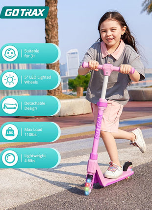 Gotrax K03 Kids Kick Scooter, LED Light, 2 Wheels for Boys & Girls 3+, Gift | Adjustable Handlebar, Easy Assembly, Lightweight, ABEC-7 Bearings, Wide Anti-Slip Deck, Rear Brake, Max Load 110 lbs, Pink
