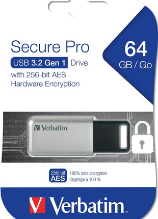 Verbatim 64GB Store'n' Go Secure Pro USB 3.0 Flash Drive with AES 256 Hardware Encryption - Silver