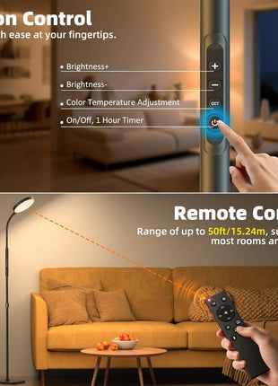PACOVY Floor Lamp, Adjustable Height Floor Lamps for Living Room Bedroom, 120 LED Super Bright Standing Lamp Remote & Touch Control Dimmable Gooseneck Tall Stand Reading Lamp for Office Craft, Black