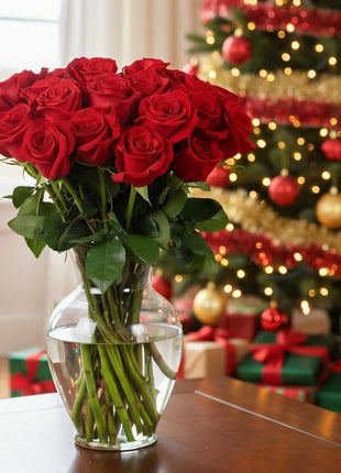 Benchmark Bouquets - Red Roses Bouquet - Fresh Flowers for Delivery - Real Roses - Two Dozen Long Stem Roses for Anniversary - Romantic Gift Set - Gifts for Women (Glass Vase Included)