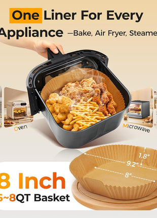 Air Fryer Paper Liners, 125Pcs Parchment Paper, Air Fryer Liners Disposable for Microwave, Non Stick Air Fryer Liner Square Free of Bleach (8IN)