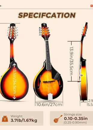 Vangoa Mandolin Musical Instrument A Style, Acoustic Mandolin Instrument Kit Italian 8 String for Professional Beginners Adults Teens Youth Kids, Sunburst, Glossy