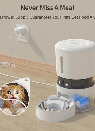 Automatic Cat Feeder with 2 Cameras 1080P HD with Night Vision Pet Food Dispenser Two-Way Voice and Audio Dog Smart WiFi Dog & Cat Feeder Programmable Schedule Slow Bowl White
