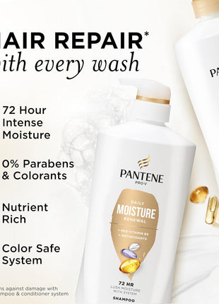 Pantene Shampoo & Conditioner Set, Daily Moisture Renewal - Pro-V Nutrients for Dry, Color-Treated, Straight to Curly Hair, 72-Hour Hydration & Softness, 52.8 Oz Total + Miracle Rescue Shot (0.5 Oz)