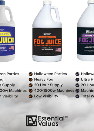 ESSENTIAL VALUES Fog Machine Fluid (128 FL OZ / 1 Gal) Fog Juice Long-Lasting Medium Density Liquid for Water Based Foggers, Perfect for 400 Watt to 1500 Machines, Outdoor or Indoor, Made in USA