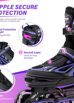 2PM Sports Vinal Girls Adjustable Flashing Inline Skates, All Wheels Light Up, Fun Illuminating Skates for Kids Men Adult Women and Boys