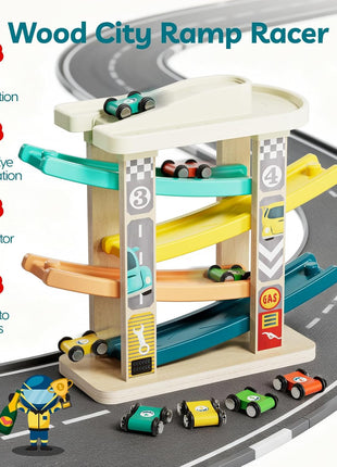 TOP BRIGHT Wooden Car Ramp Track with Cars, Montessori Toy for Toddlers 1-3 | Wooden Race Track Set Includes Cars & Garage, Montessori Learning Toy for Ages 18+ Months, Suitable for Boys & Girls