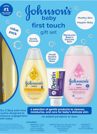Johnson's First Touch Baby Gift Set, Baby Bath, Skin & Hair Essential Products, Kit for New Parents with Wash & Shampoo, Lotion, & Diaper Rash Cream, Hypoallergenic & Paraben-Free, 4 items
