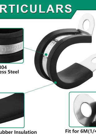 30pcs 3/8 Inch Stainless Steel Cable Clamps,Rubber Coated Cushioned Insulated Cable Clamp,Automotive Cable Wire Clamps,Pipe Clamps,Metal Clamp for Tube,Lines,Wire Cord Installation(Black,10mm)