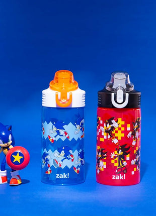 Zak Designs Sonic the Hedgehog Sage Kids Water Bottle For School or Travel, 16oz Durable Plastic Water Bottle With Straw, Handle, and Leak-Proof, Pop-Up Spout Cover, 2-Pack Set (Sonic & Shadow)