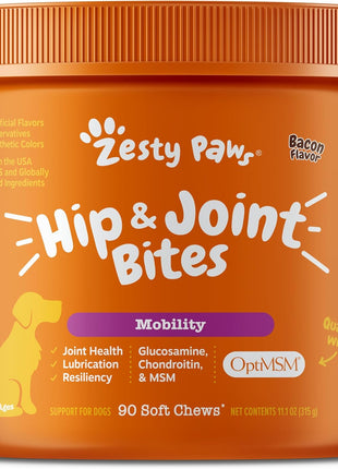 Zesty Paws Hip and Joint for Dogs, Glucosamine for Dogs Hip and Joint Supplement with Chondroitin, MSM, Vitamins C & E - Bacon, 90 Count (Pack of 2)
