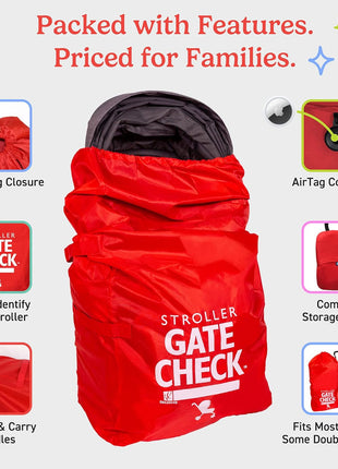 J.L. Childress Gate Check Bag for Single & Some Double Strollers - Travel Bag for Airplane, Fits Most Standard Baby Strollers, Airport Accessories for Gate Check, Flying Essentials - Red